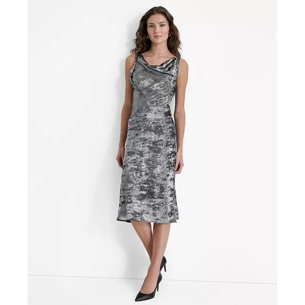 DKNY Metallic Silver Cowl Neck Draped Midi Dress Sleeveless Foil Sheath 12